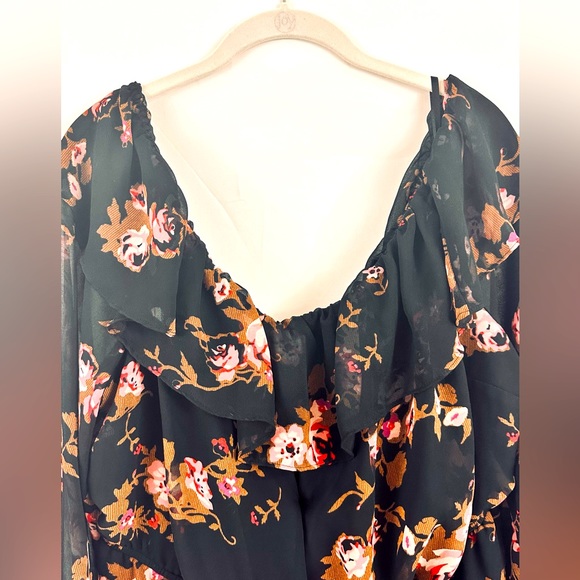 Lane Bryant 28 Black Floral Blouson Ruffle Neck Blouse Semi Sheer 3/4 Sl… - Picture 3 of 8